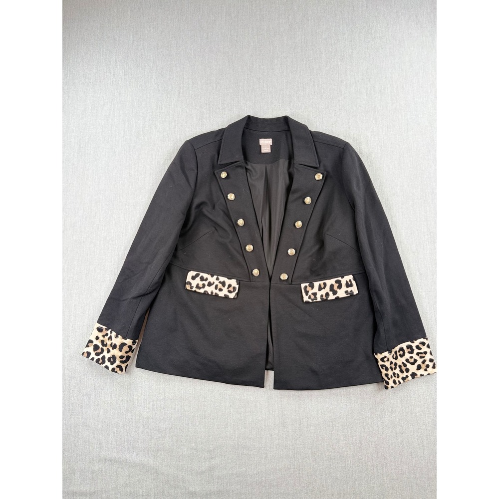 Chicos Black Military Blazer Leopard Print Trim Gold Buttons Size 2 US 12/14